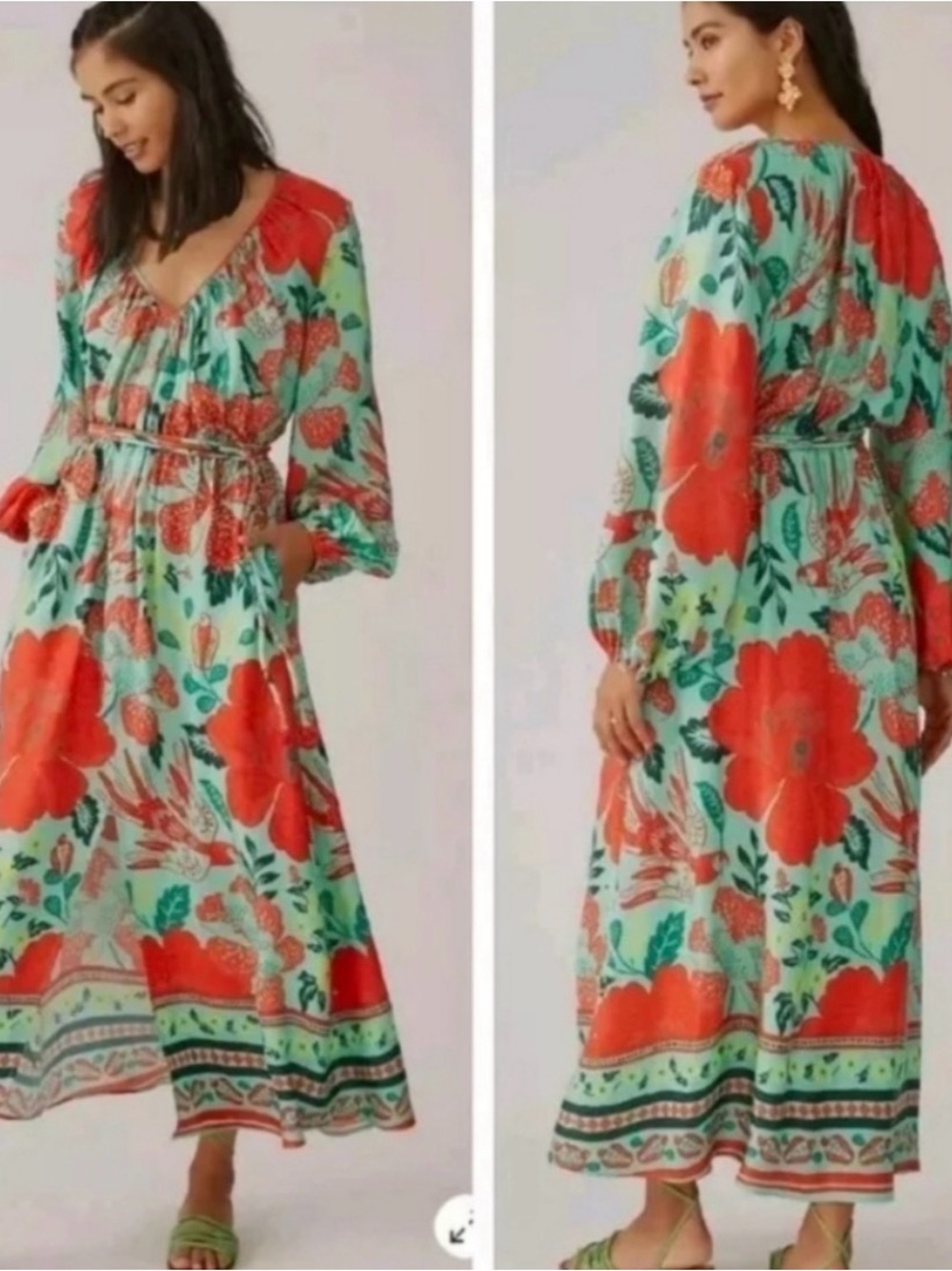 Farm Rio Coral and Mint Floral Maxi Dress/Tropical Red Size XL New